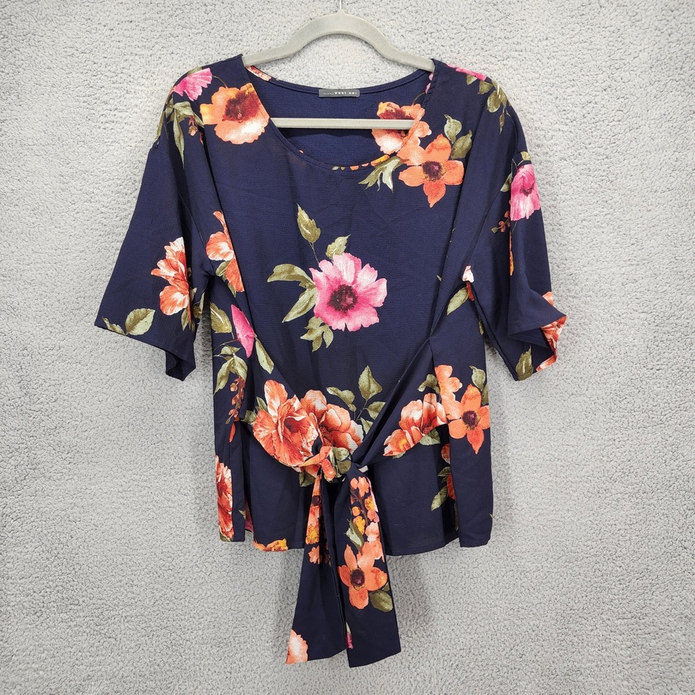 West Kei Navy Blue Floral Tie Front Blouse Short Sleeve Top Womens Medium